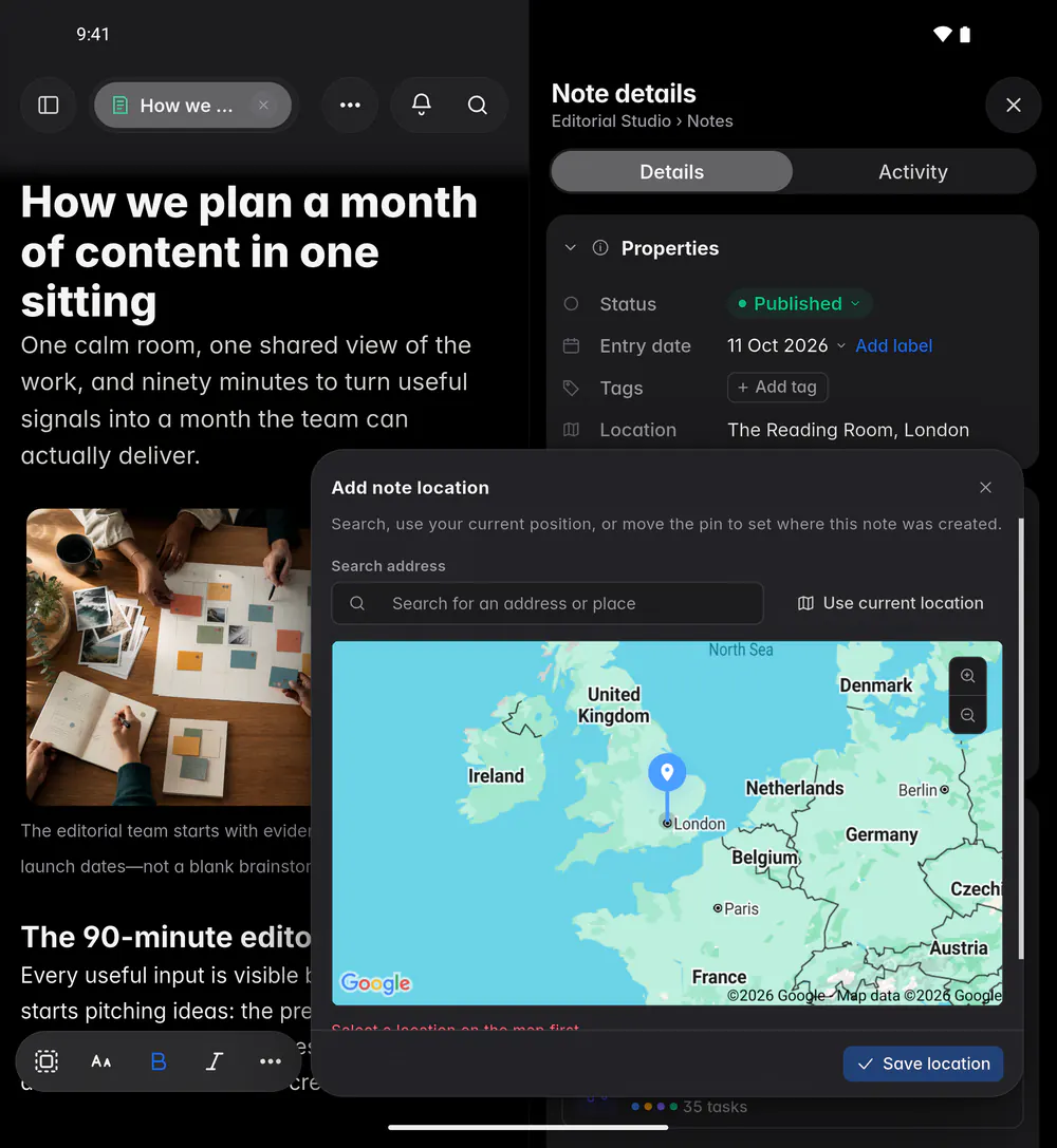 The note location editor with an address search, a map with a pin and Save location (an Android foldable)