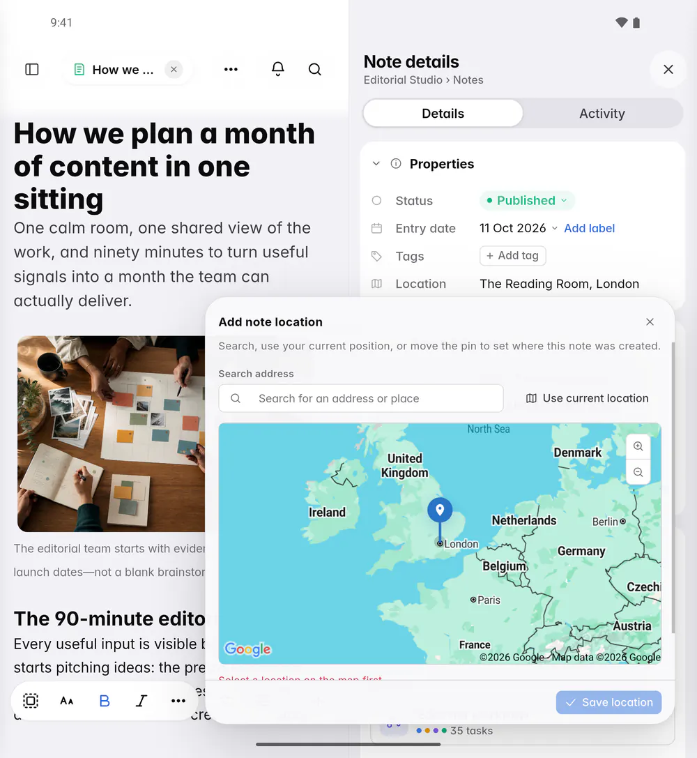 The note location editor with an address search, a map with a pin and Save location (an Android foldable)