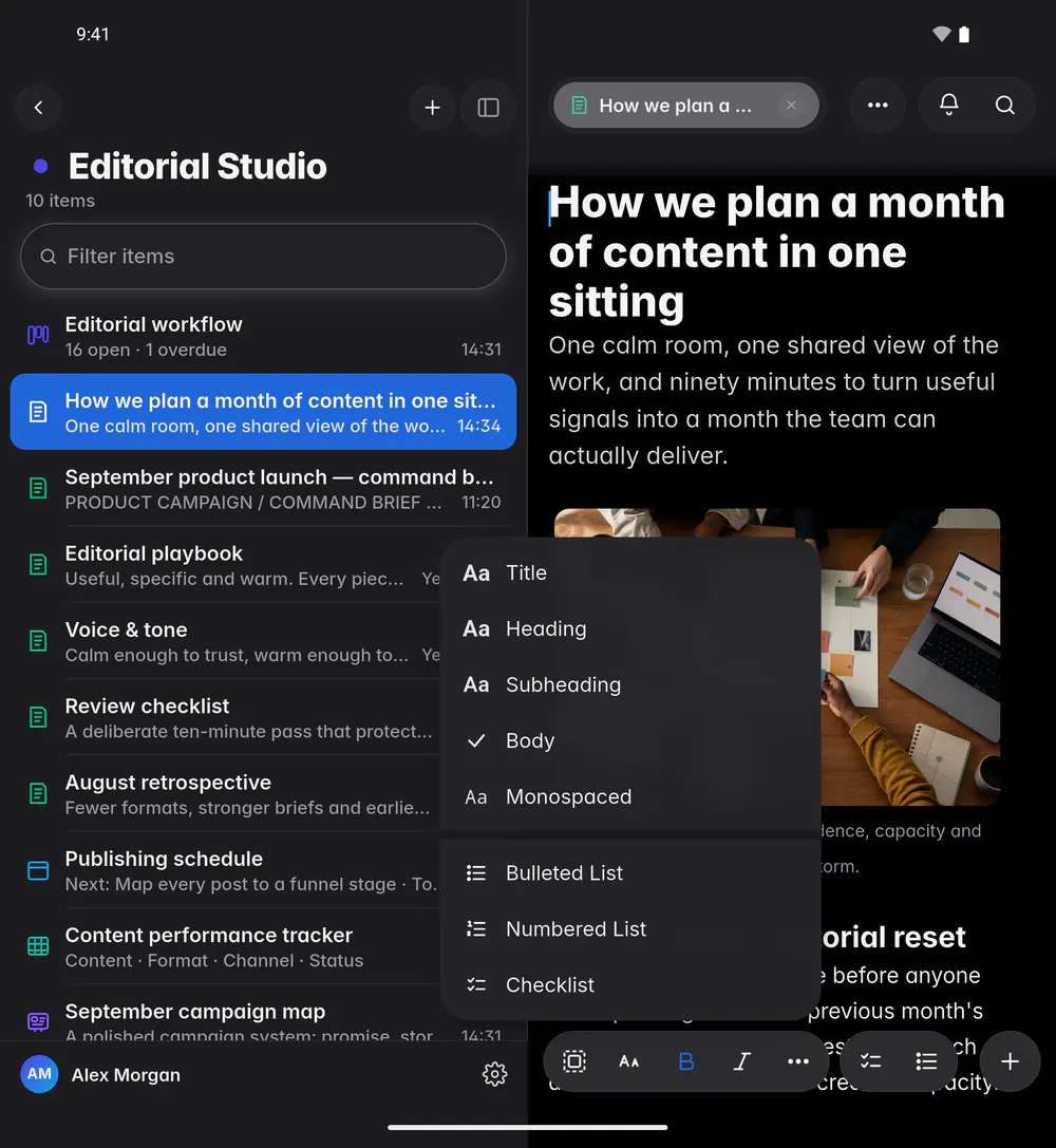 The text style menu of a note, with the heading styles and the lists (an Android foldable)