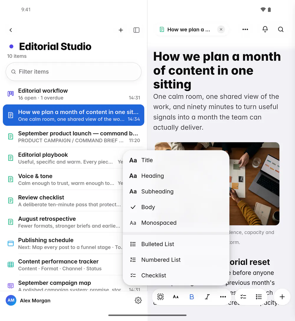 The text style menu of a note, with the heading styles and the lists (an Android foldable)
