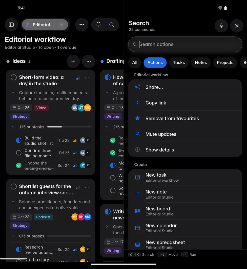 Search showing commands, grouped into the open item, create, go to and window (an Android foldable)