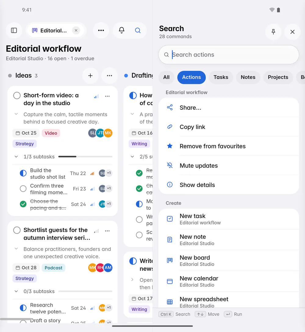 Search showing commands, grouped into the open item, create, go to and window (an Android foldable)