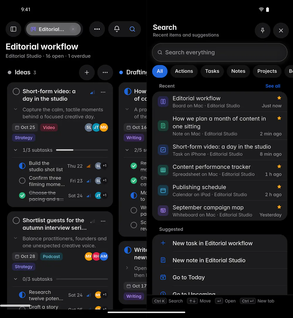 Search before typing, with recent items and suggested actions (an Android foldable)