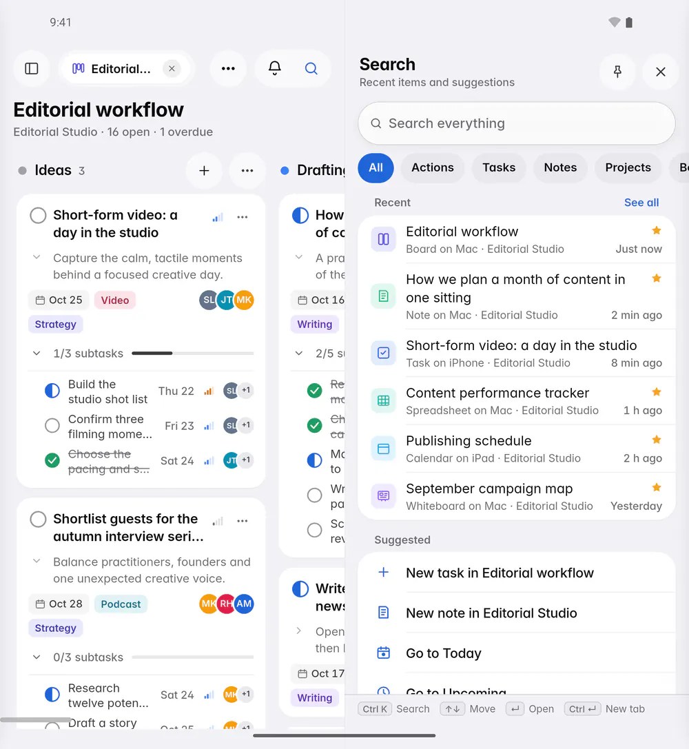 Search before typing, with recent items and suggested actions (an Android foldable)