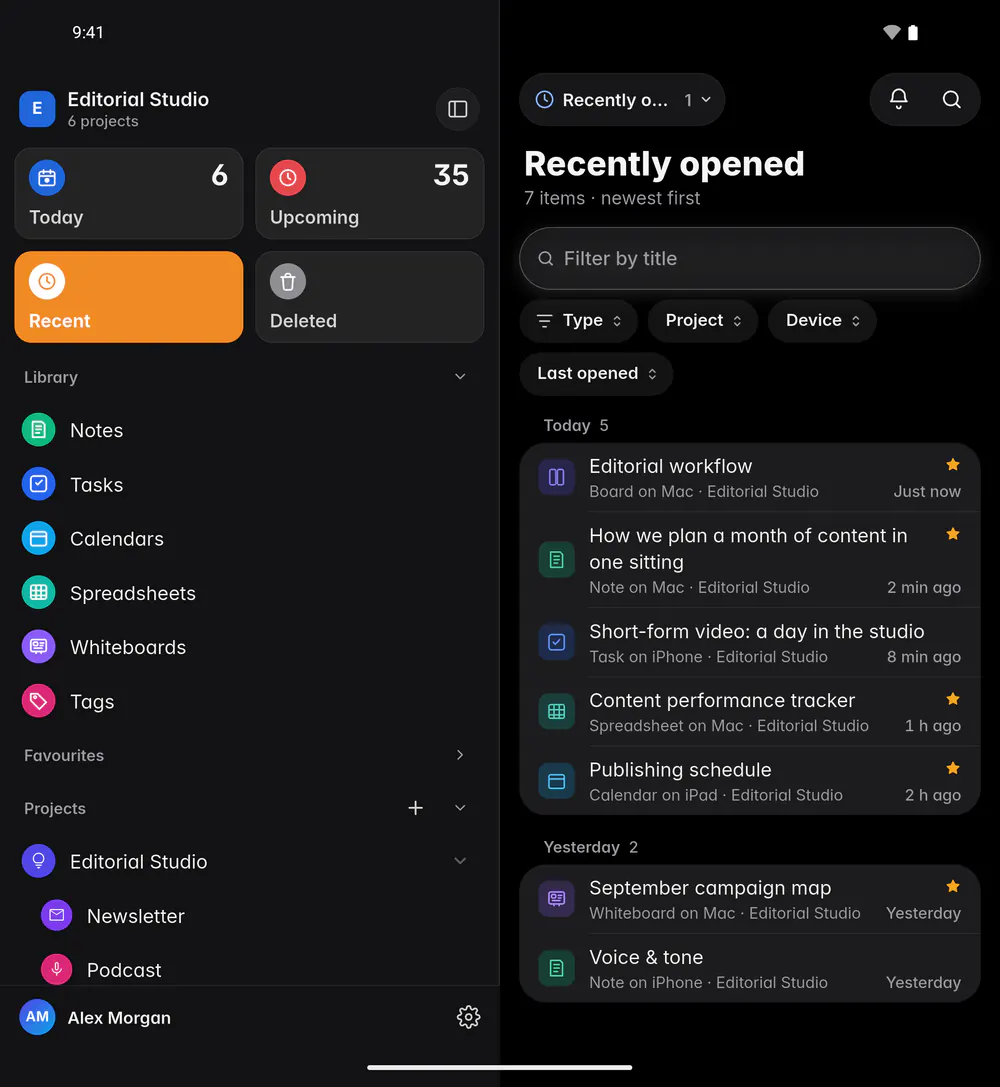 Recently opened, with filters for type, project, device and when each item was last opened (an Android foldable)