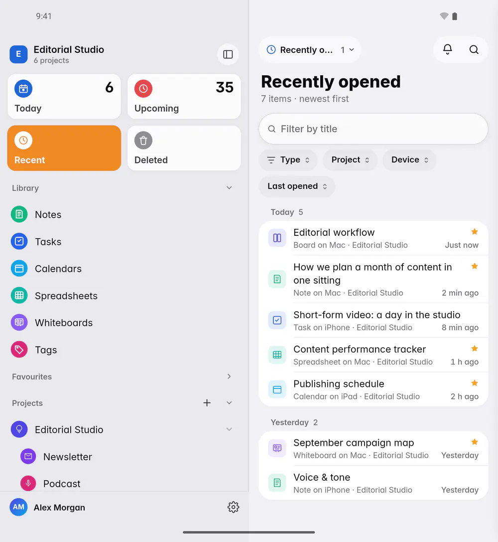 Recently opened, with filters for type, project, device and when each item was last opened (an Android foldable)