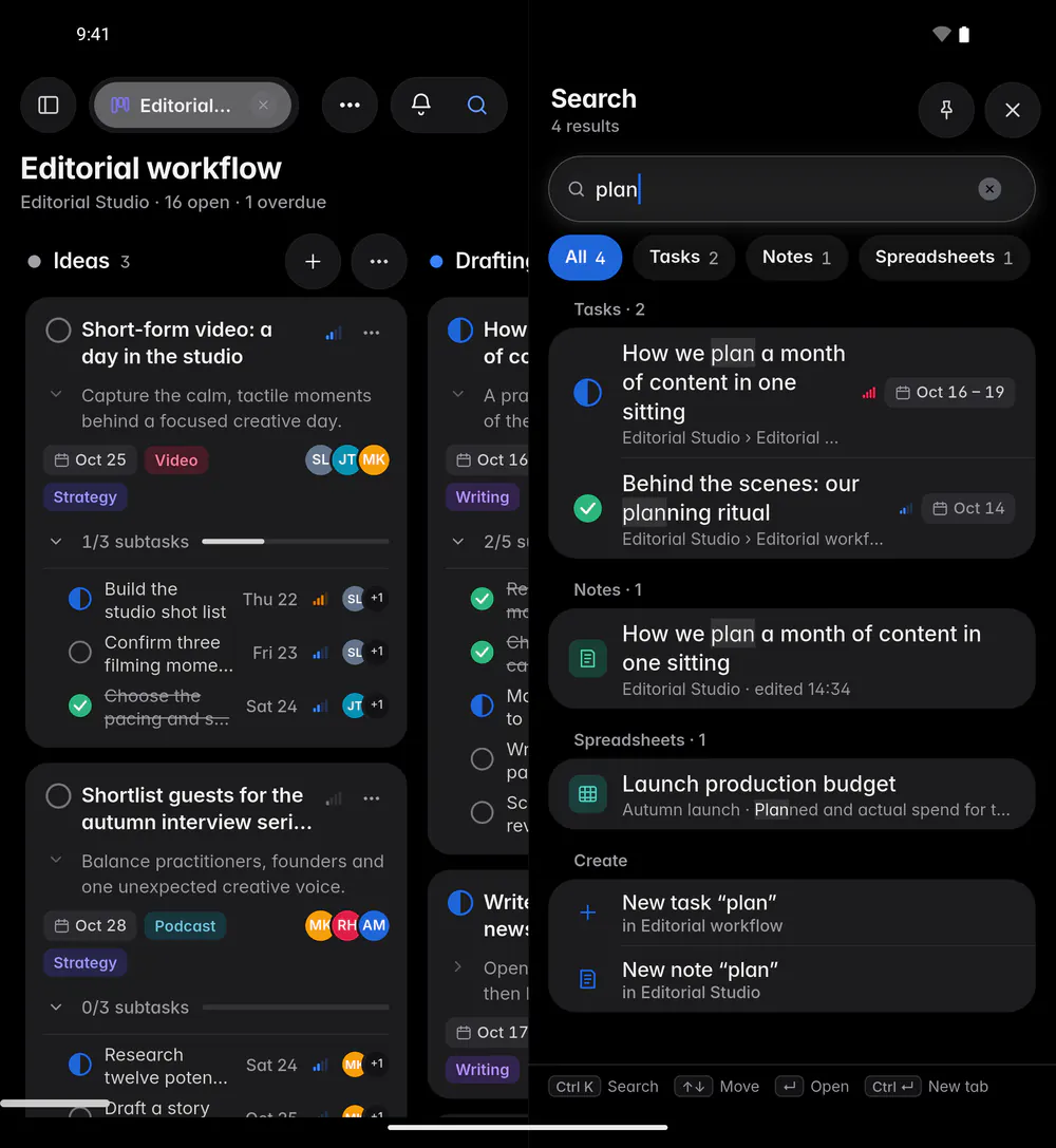 Search results for a word, grouped into tasks, notes and spreadsheets (an Android foldable)