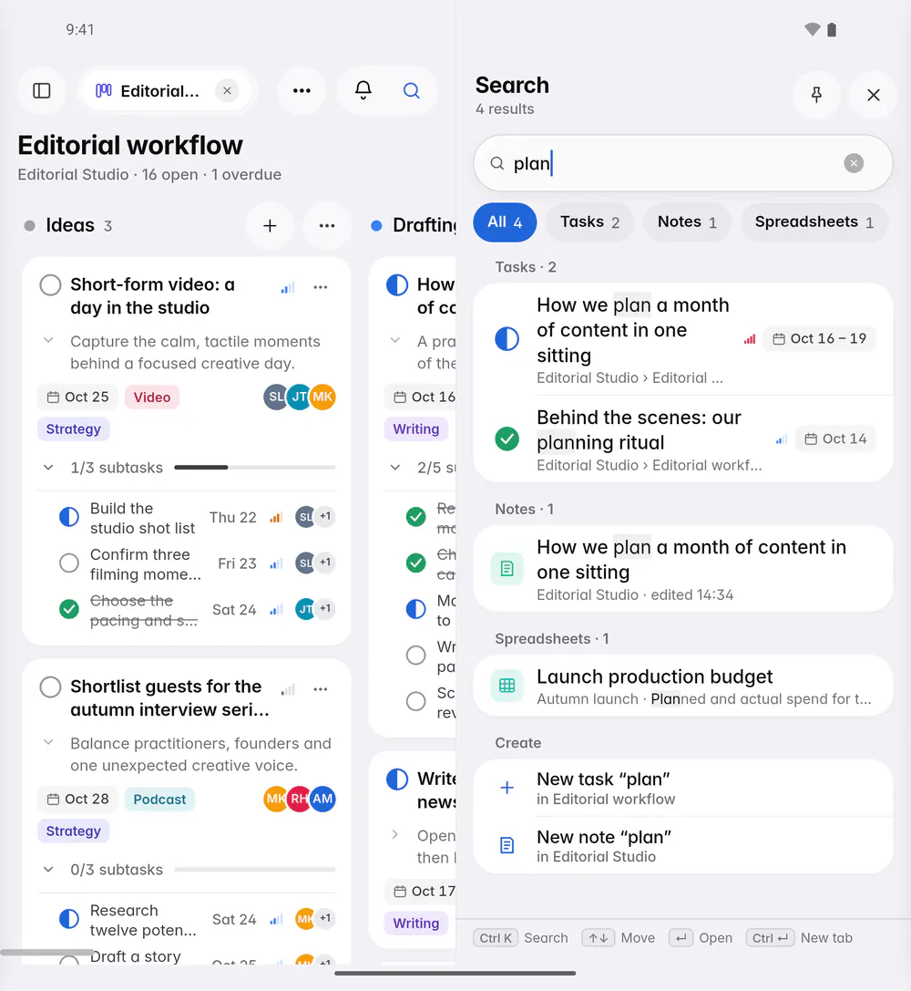 Search results for a word, grouped into tasks, notes and spreadsheets (an Android foldable)
