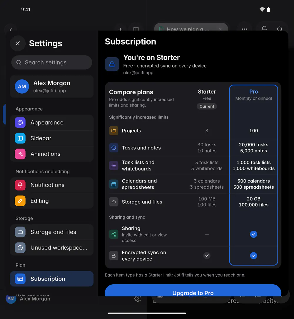 The Subscription page on Starter, with a comparison of the Starter and Pro plans and Upgrade to Pro (an Android foldable)