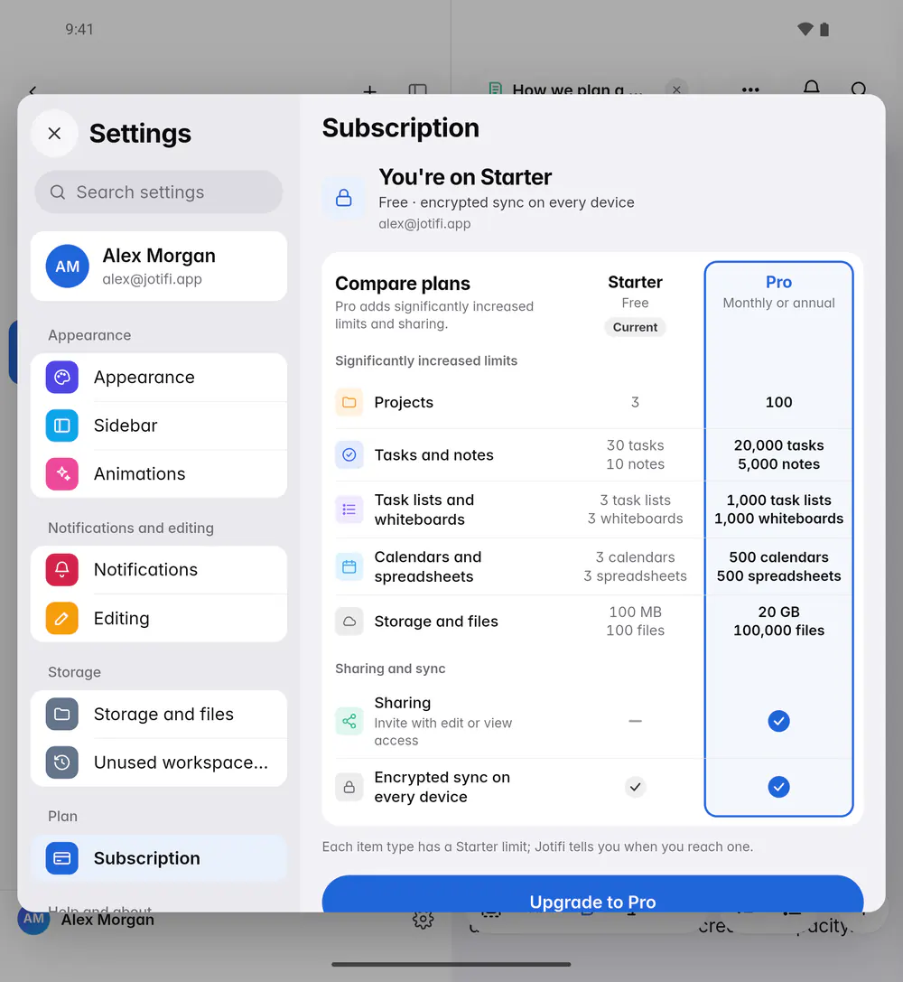 The Subscription page on Starter, with a comparison of the Starter and Pro plans and Upgrade to Pro (an Android foldable)
