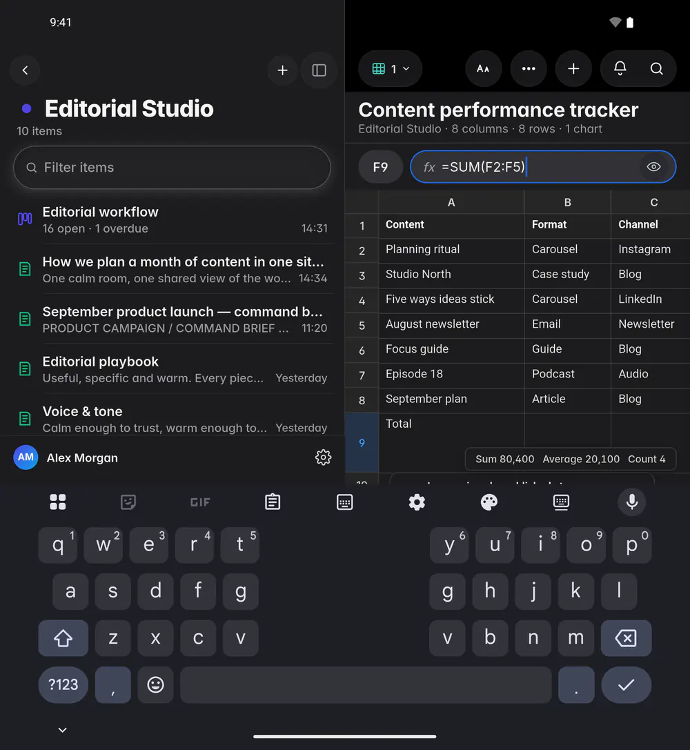 Editing a cell with a SUM formula, with the function buttons above the keyboard (an Android foldable)