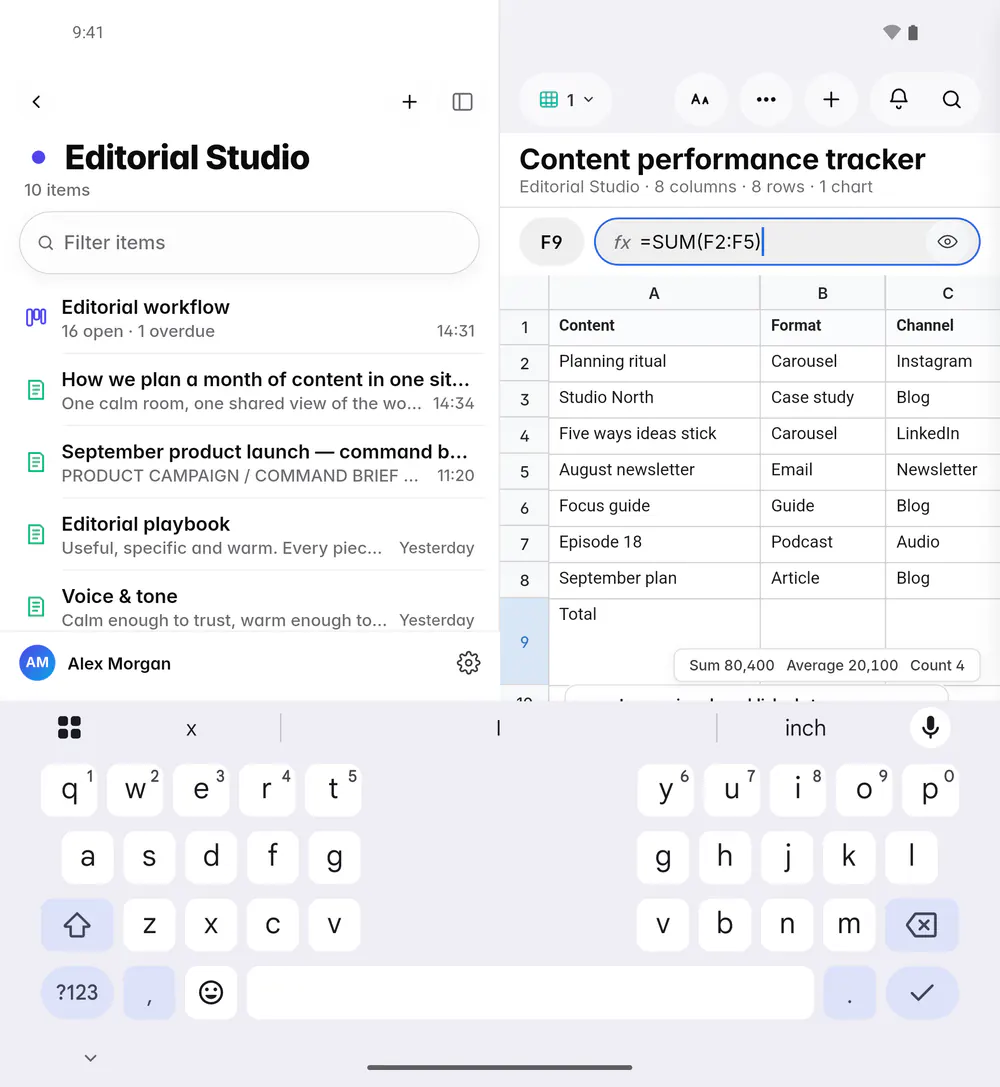 Editing a cell with a SUM formula, with the function buttons above the keyboard (an Android foldable)
