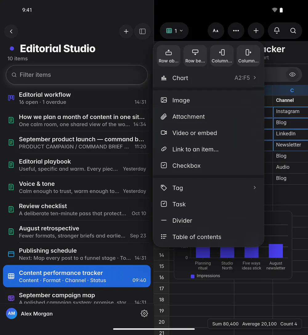 The Insert menu with rows, columns, charts and things to put in a cell (an Android foldable)