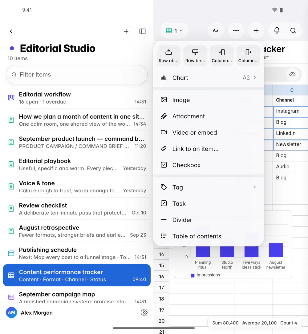The Insert menu with rows, columns, charts and things to put in a cell (an Android foldable)