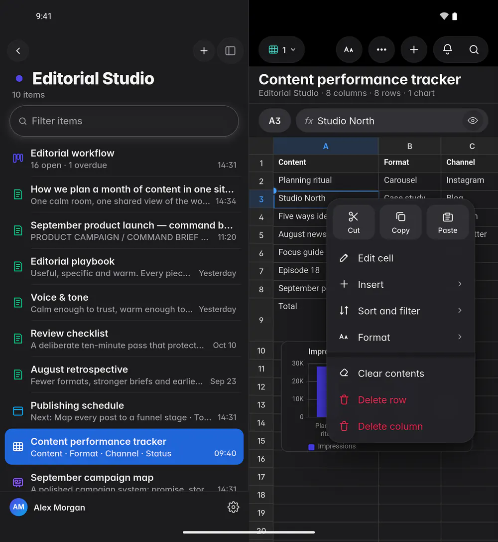 A cell's menu with clipboard, insert, sort, filter, format and delete options (an Android foldable)