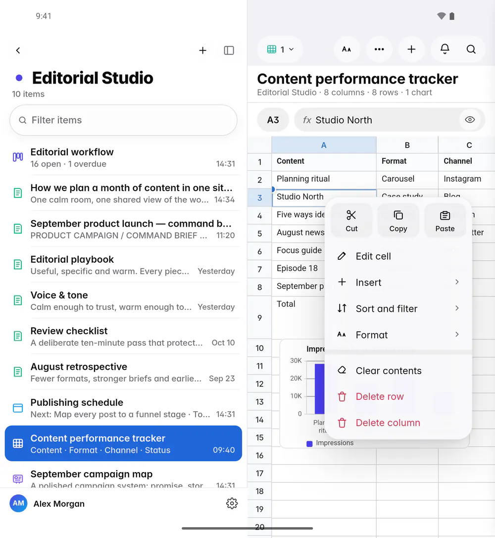 A cell's menu with clipboard, insert, sort, filter, format and delete options (an Android foldable)