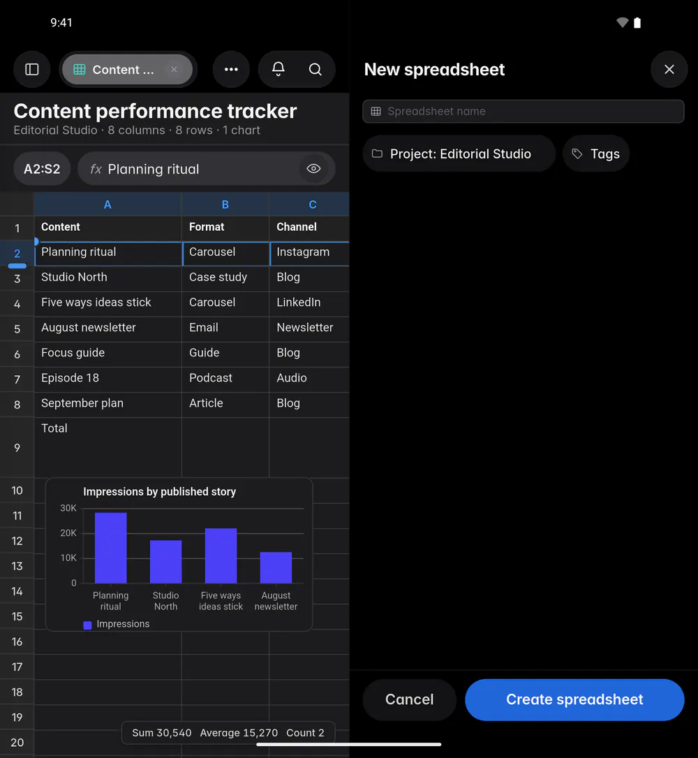 The New spreadsheet form with a name, the project and optional tags (an Android foldable)