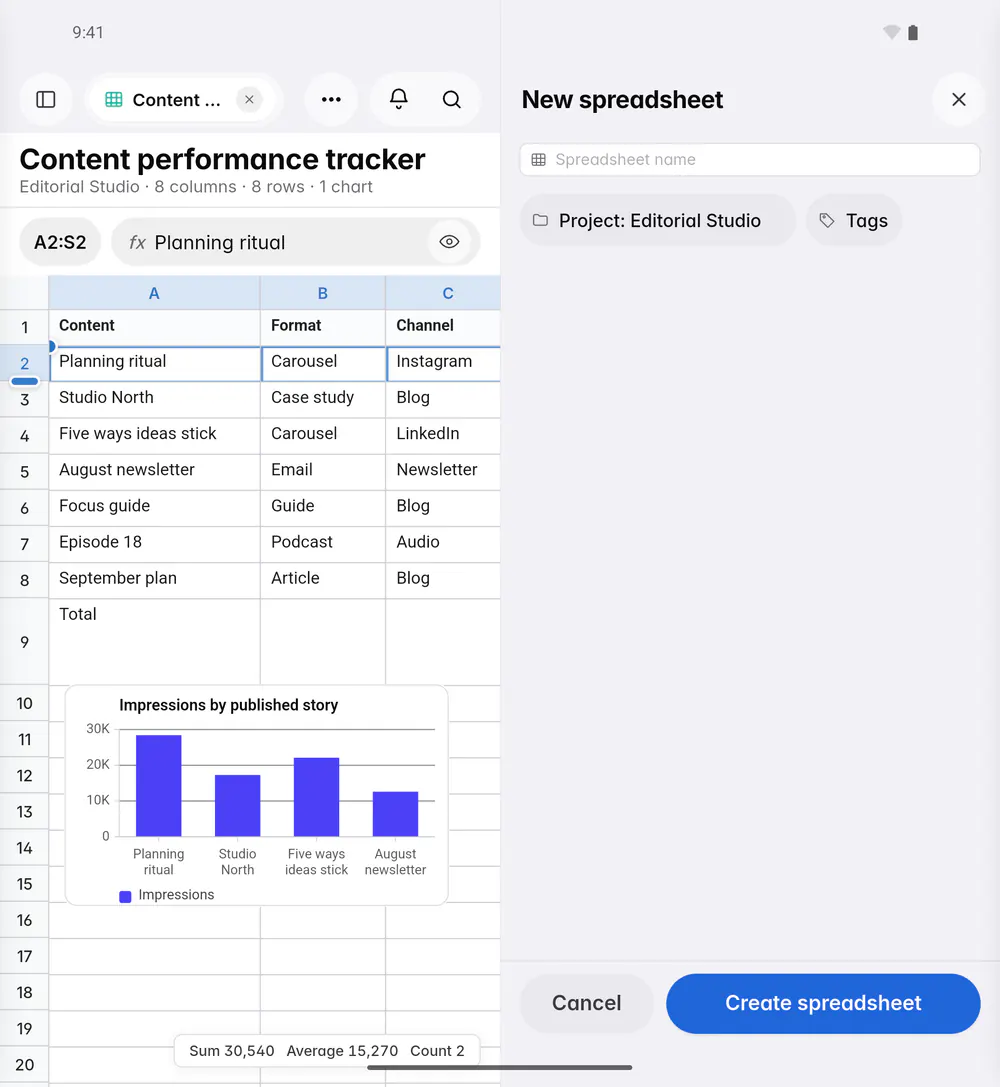 The New spreadsheet form with a name, the project and optional tags (an Android foldable)