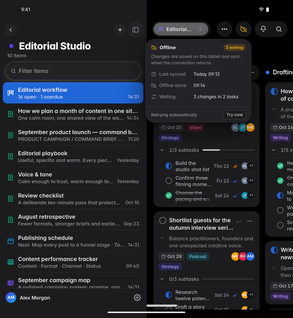 Sync details while offline: what is waiting to sync, when the device went offline and last synced, with Try now (an Android foldable)