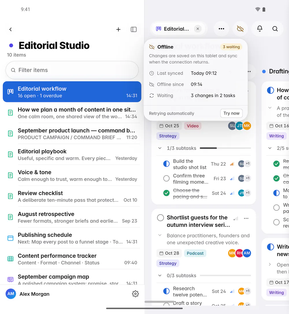 Sync details while offline: what is waiting to sync, when the device went offline and last synced, with Try now (an Android foldable)