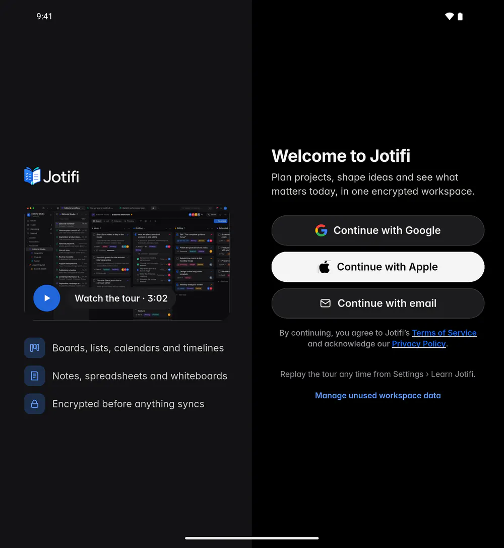The Welcome to Jotifi screen with the tour and the Continue with Apple, Google and email buttons (an Android foldable)