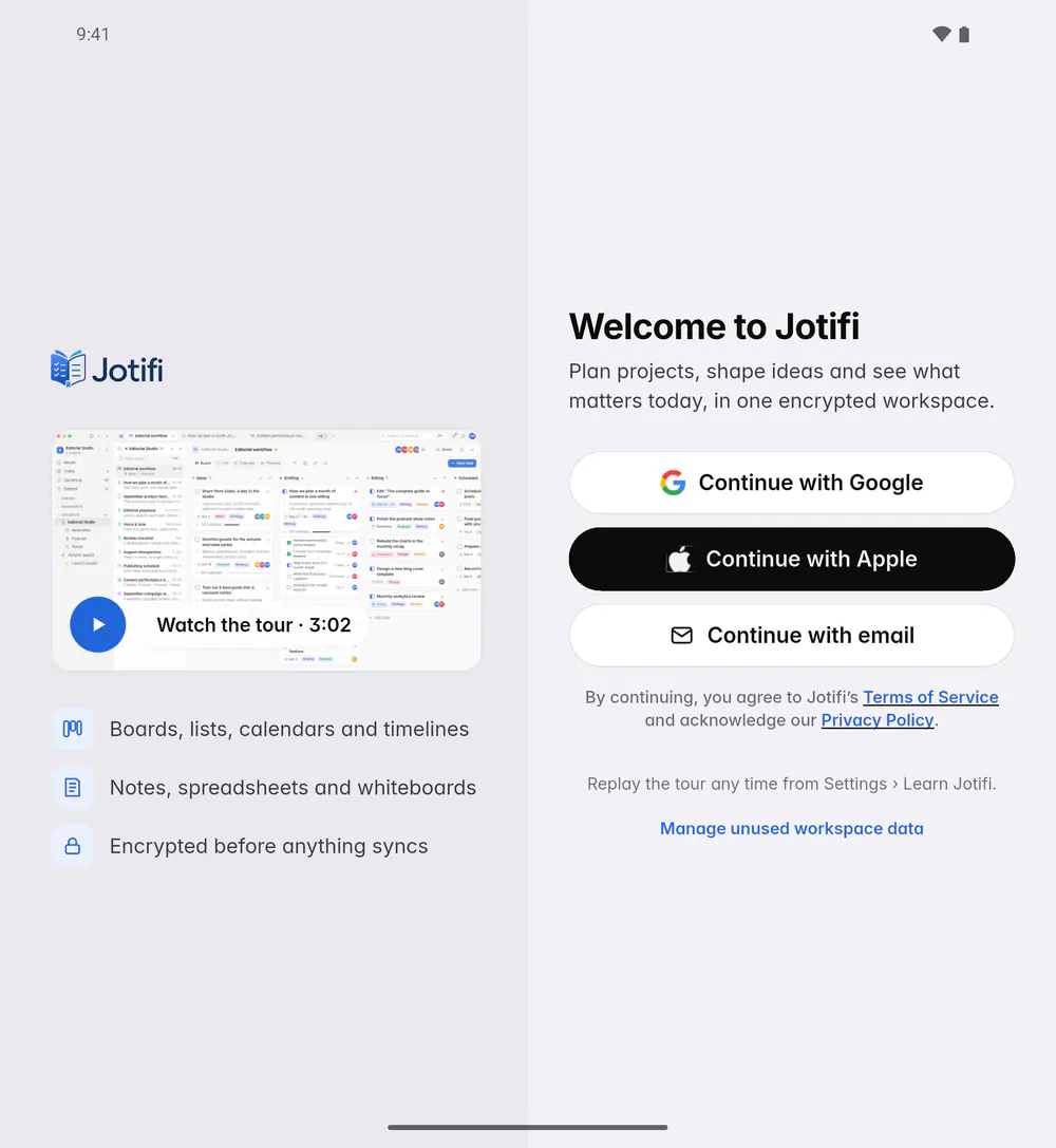 The Welcome to Jotifi screen with the tour and the Continue with Apple, Google and email buttons (an Android foldable)