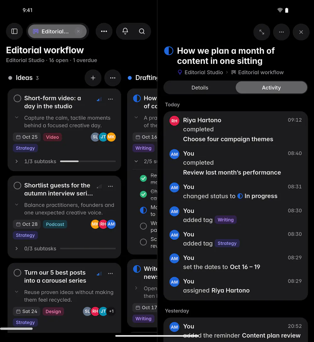 A task's Activity tab listing who completed, changed, tagged and assigned it, grouped by day (an Android foldable)