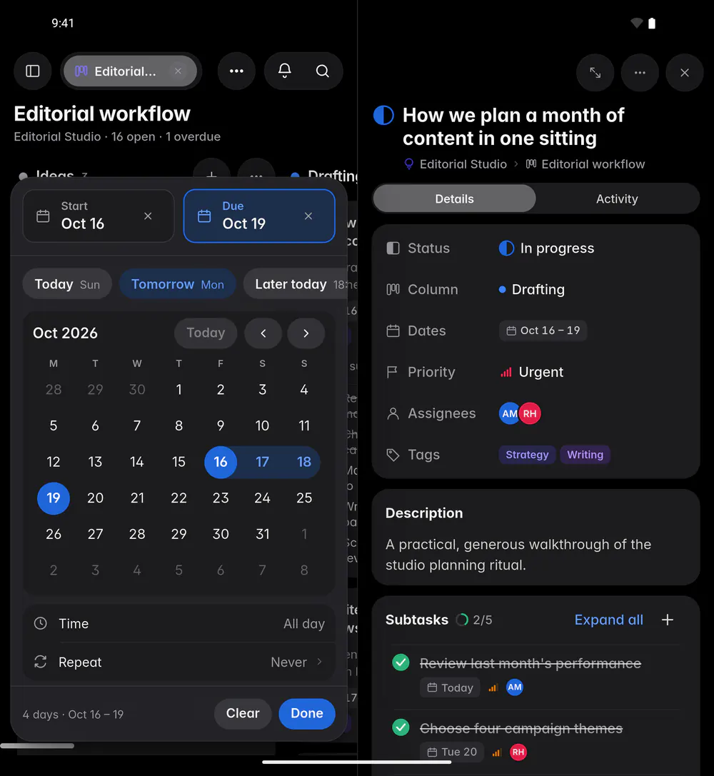 The dates picker with a start and a due date, quick choices, a month and the time and repeat settings (an Android foldable)