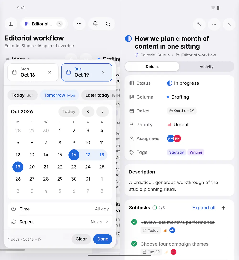 The dates picker with a start and a due date, quick choices, a month and the time and repeat settings (an Android foldable)