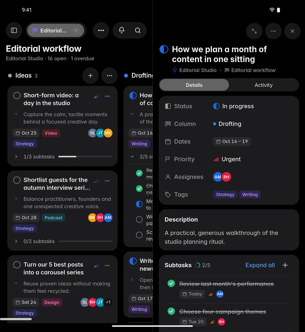 An open task with its status, column, dates, priority, people, tags, description and subtasks (an Android foldable)