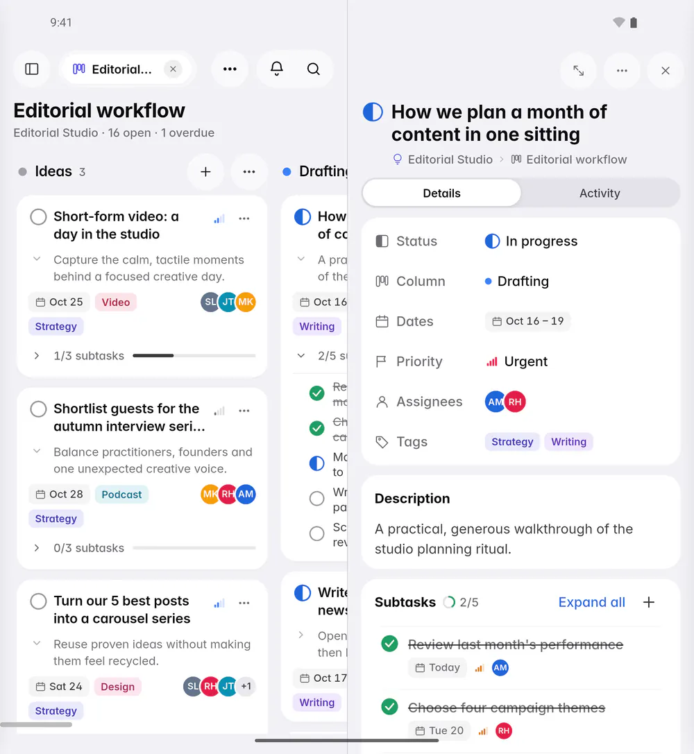 An open task with its status, column, dates, priority, people, tags, description and subtasks (an Android foldable)
