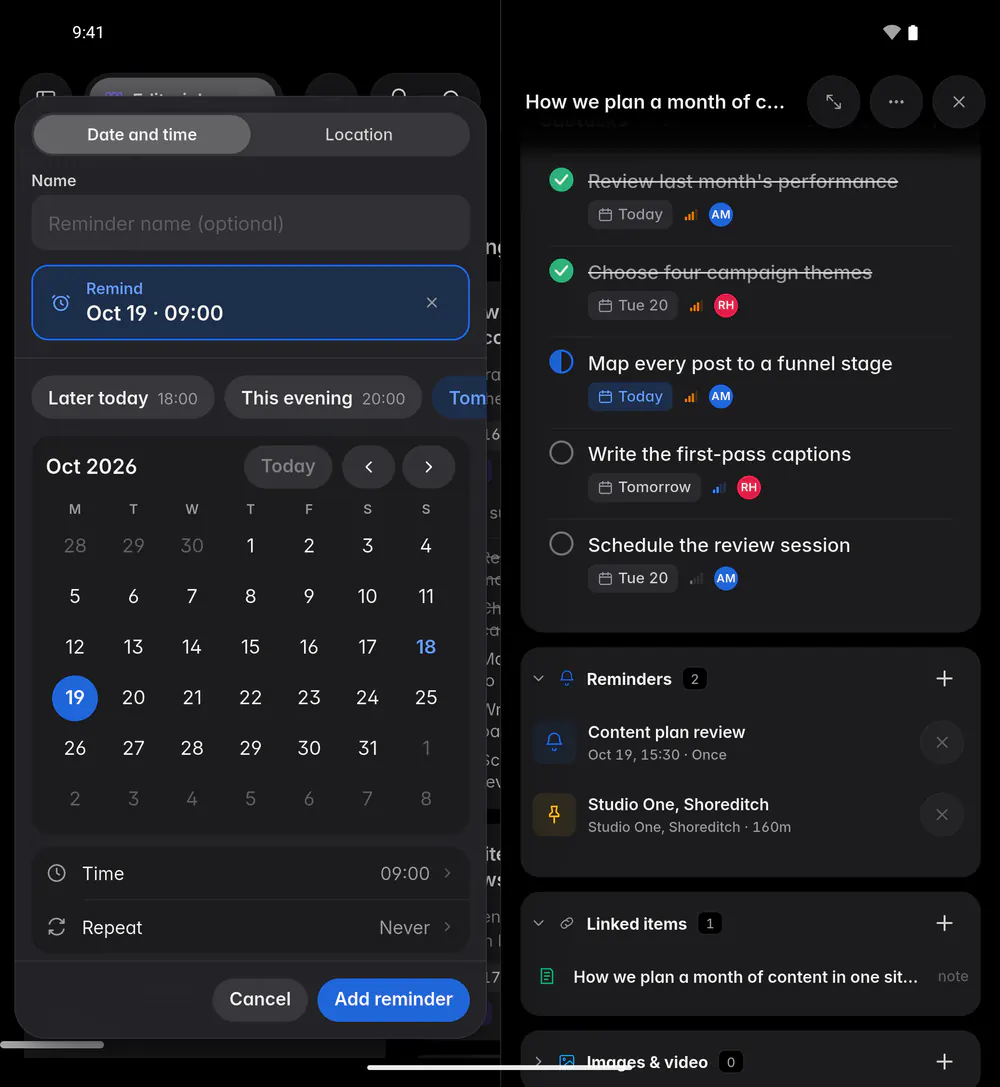 The reminder editor with Date and time selected, quick choices, a month and the time (an Android foldable)