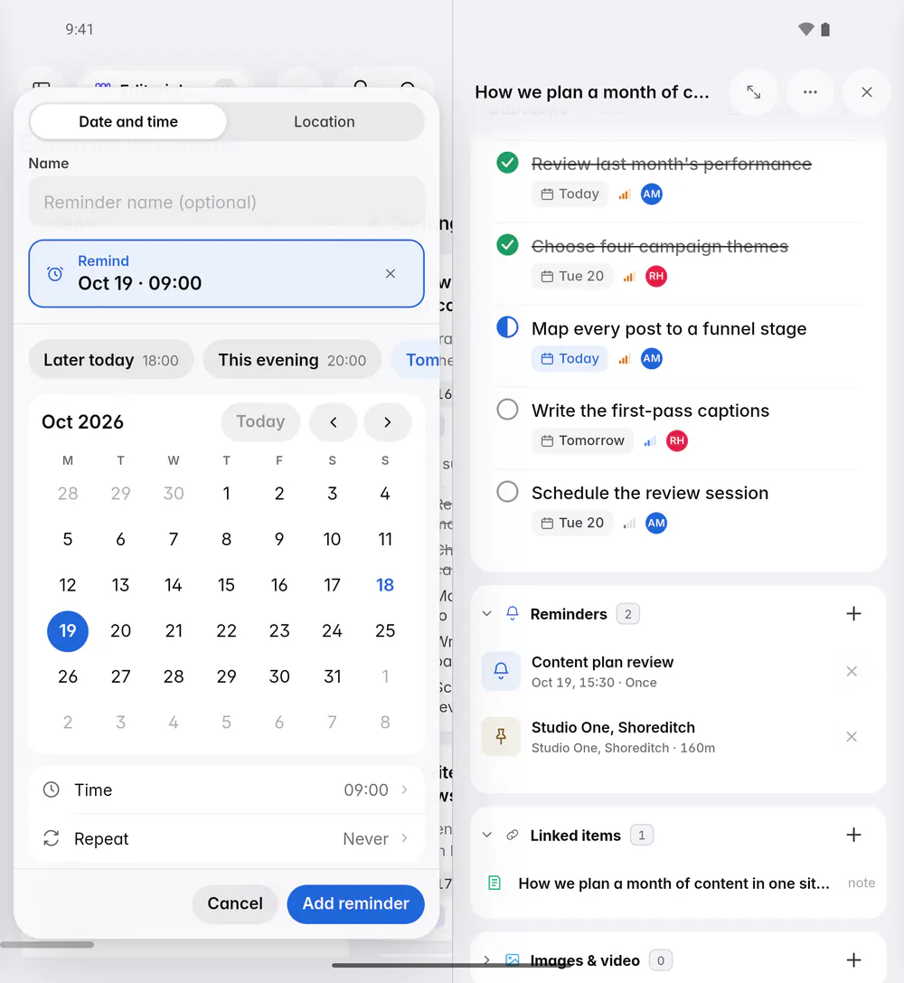 The reminder editor with Date and time selected, quick choices, a month and the time (an Android foldable)