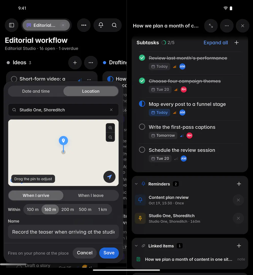 A place reminder with the address, a map pin, When I arrive or When I leave and the distance (an Android foldable)