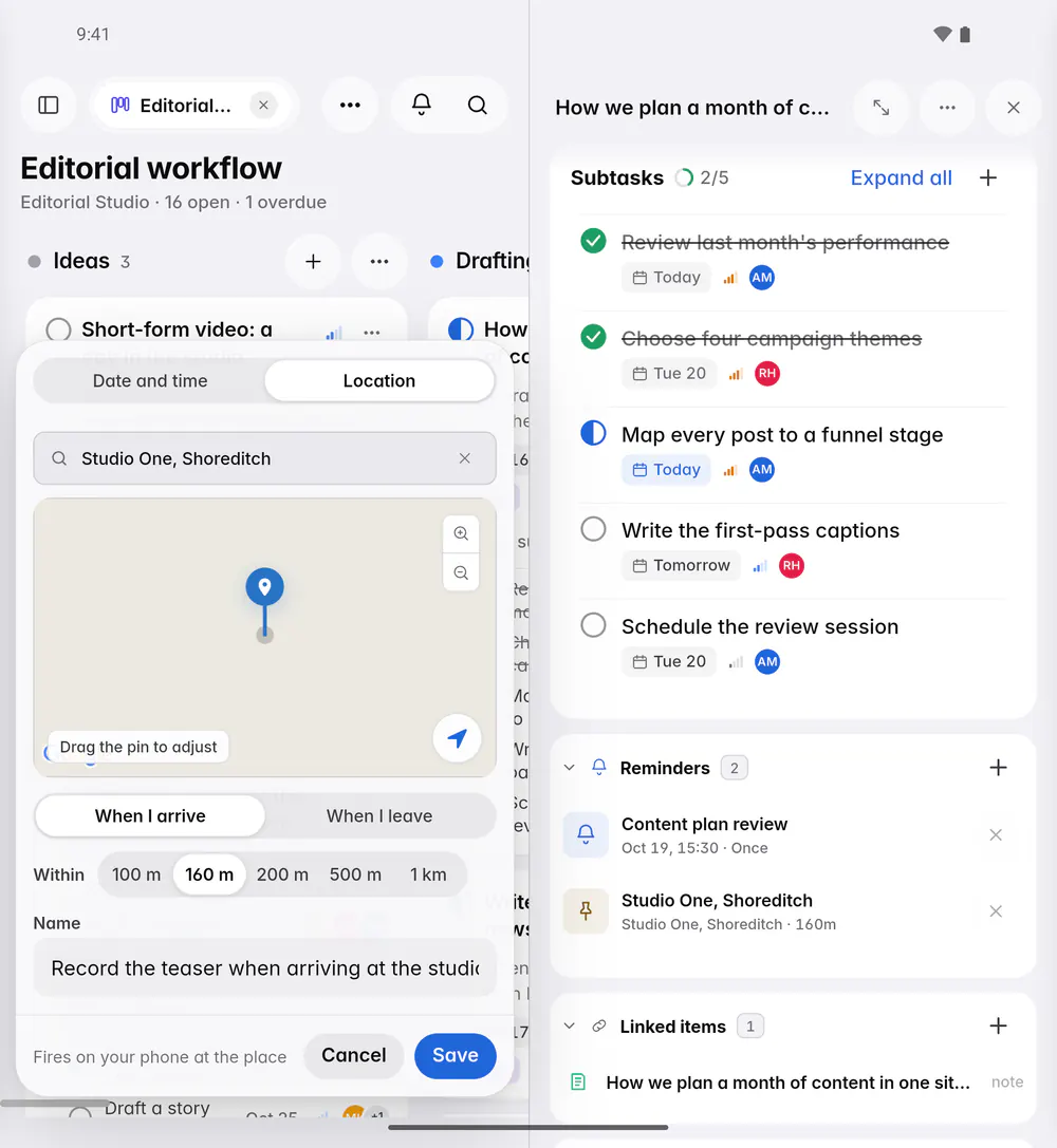 A place reminder with the address, a map pin, When I arrive or When I leave and the distance (an Android foldable)