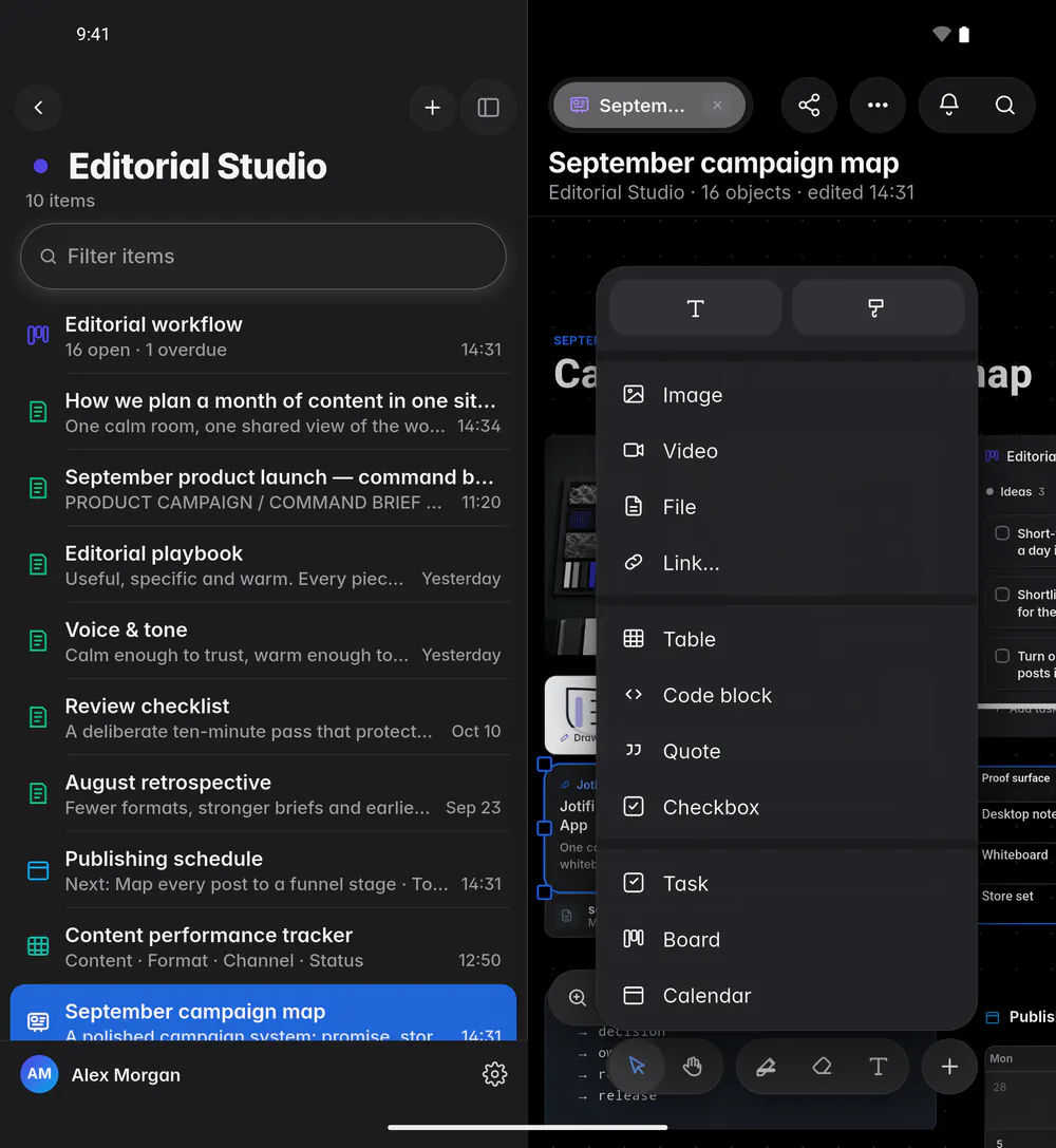 The Add menu with text and drawing, media, blocks and items from Jotifi (an Android foldable)