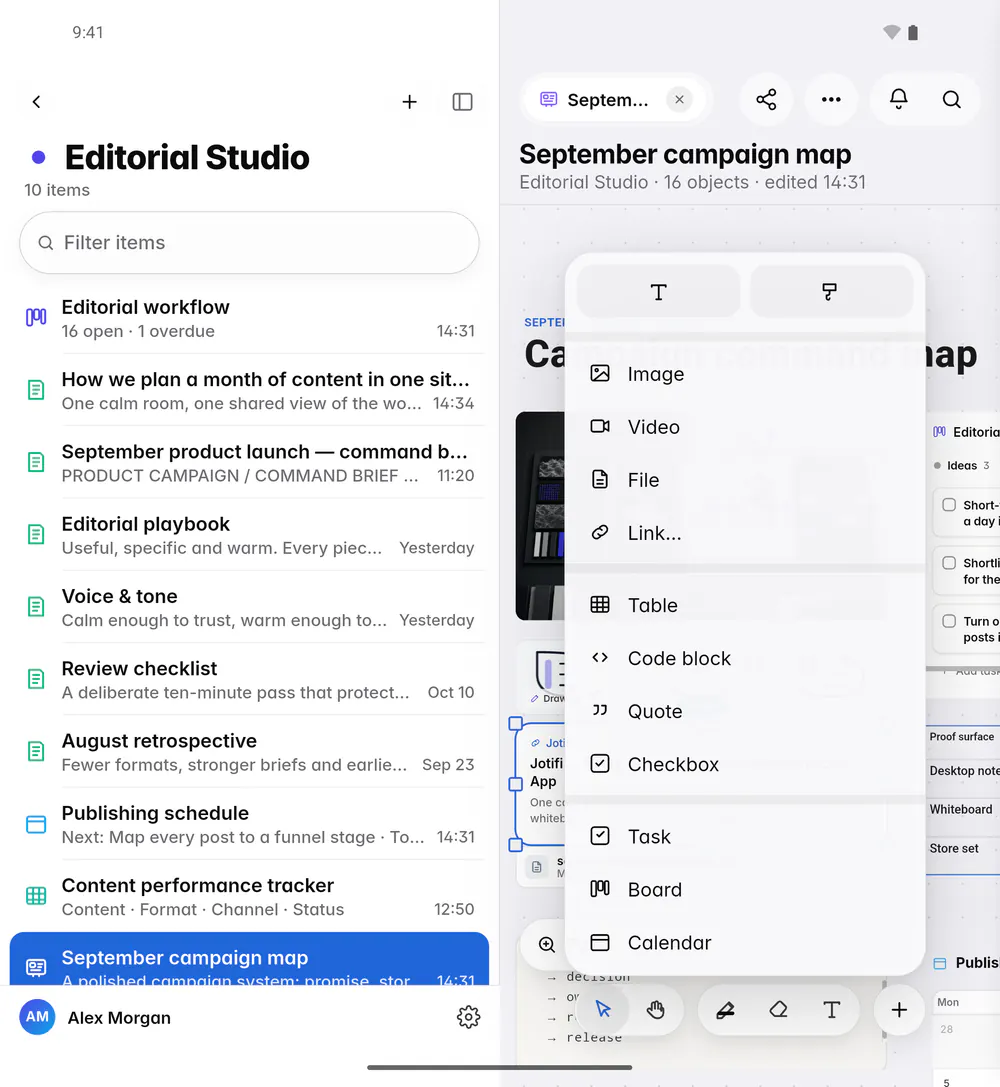 The Add menu with text and drawing, media, blocks and items from Jotifi (an Android foldable)