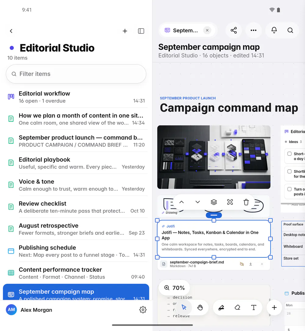 A whiteboard with a heading, an image, a drawing, a board and a calendar laid out on the canvas (an Android foldable)