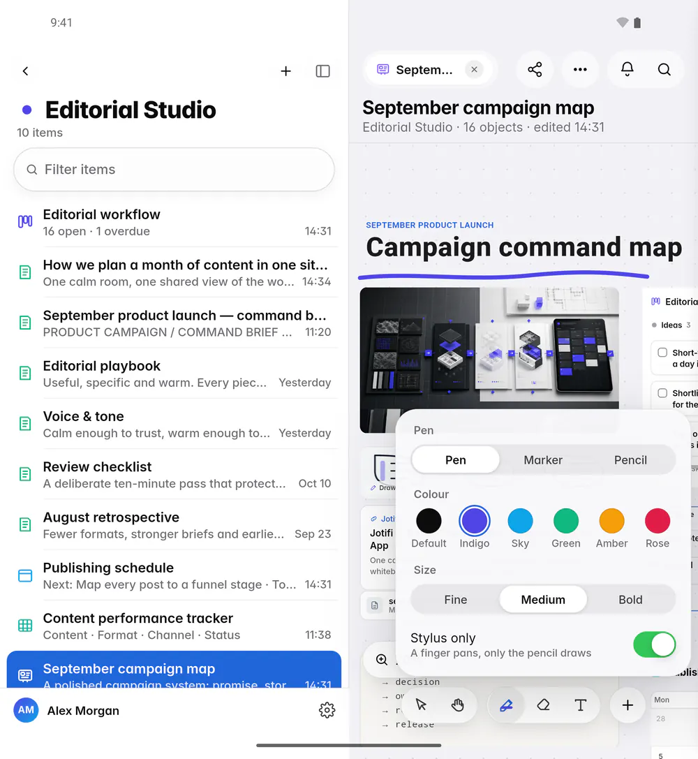 The ink options with Pen, Marker and Pencil, six colours and three sizes (an Android foldable)