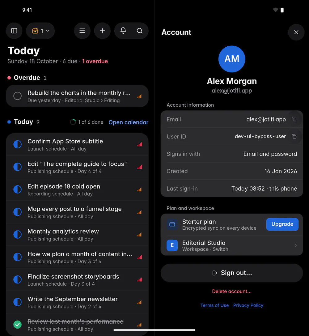 The account page with the email address, user ID, sign-in method, plan and workspace (an Android foldable)