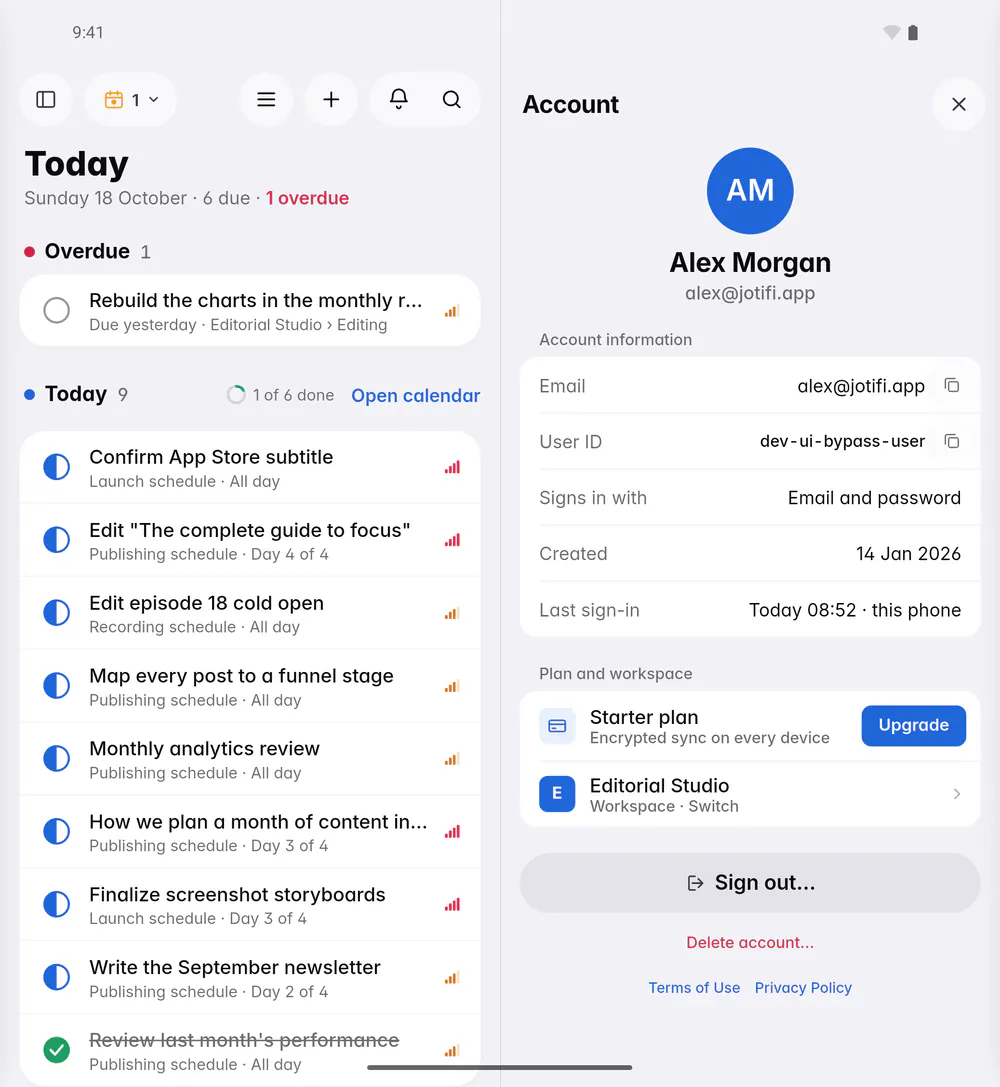 The account page with the email address, user ID, sign-in method, plan and workspace (an Android foldable)