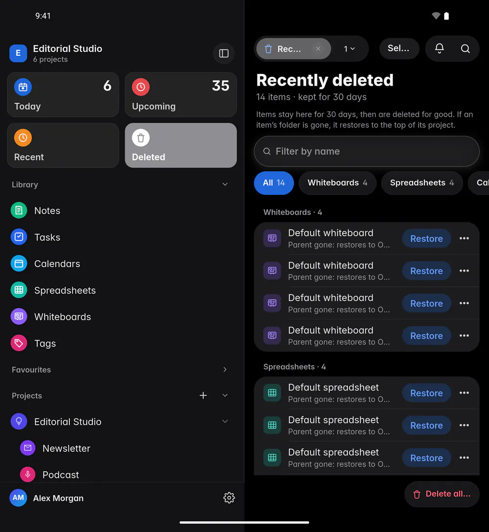 Recently deleted, grouped by type, with Restore beside each item (an Android foldable)