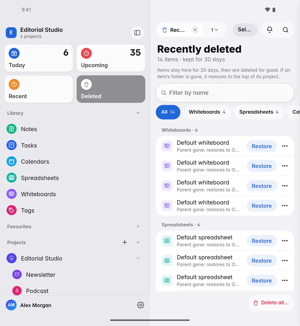 Recently deleted, grouped by type, with Restore beside each item (an Android foldable)