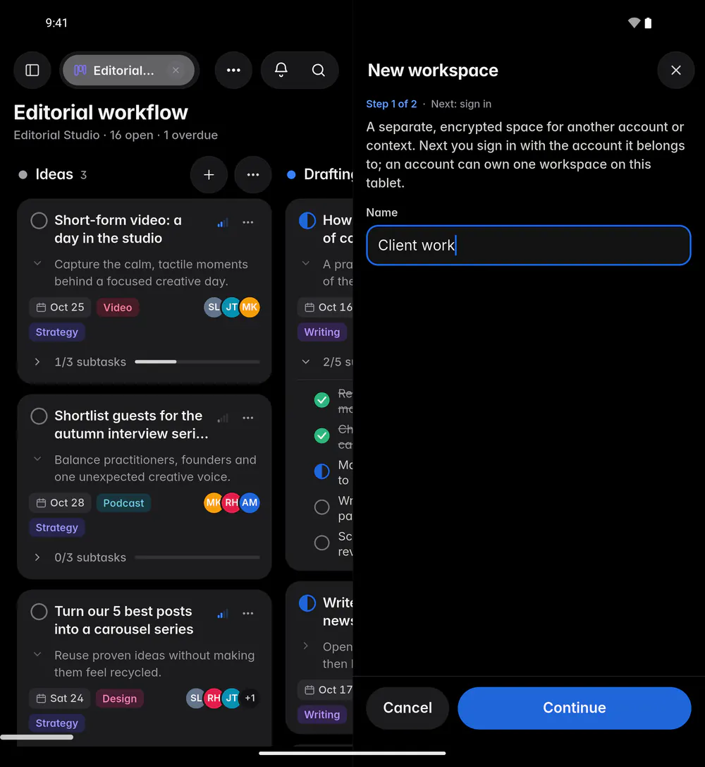 Step 1 of creating a workspace, with its name (an Android foldable)