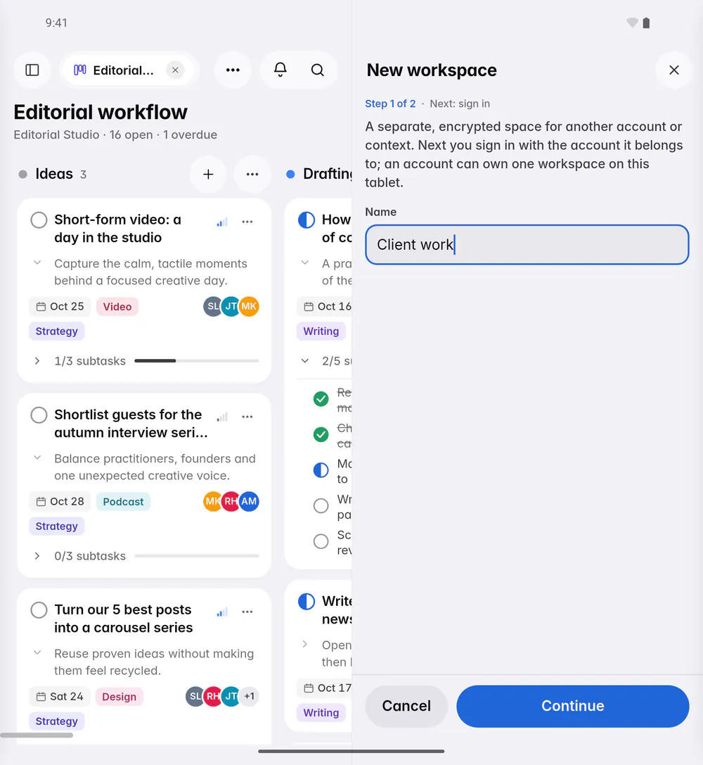 Step 1 of creating a workspace, with its name (an Android foldable)
