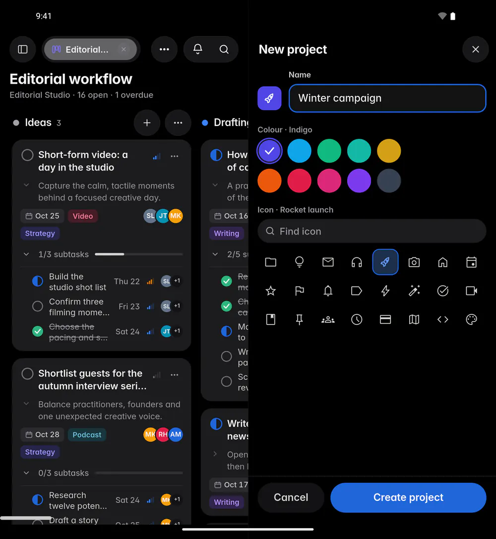 The New project form with a name, ten colours and a grid of icons (an Android foldable)