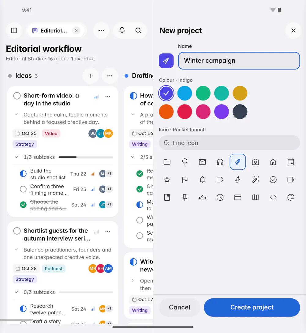 The New project form with a name, ten colours and a grid of icons (an Android foldable)