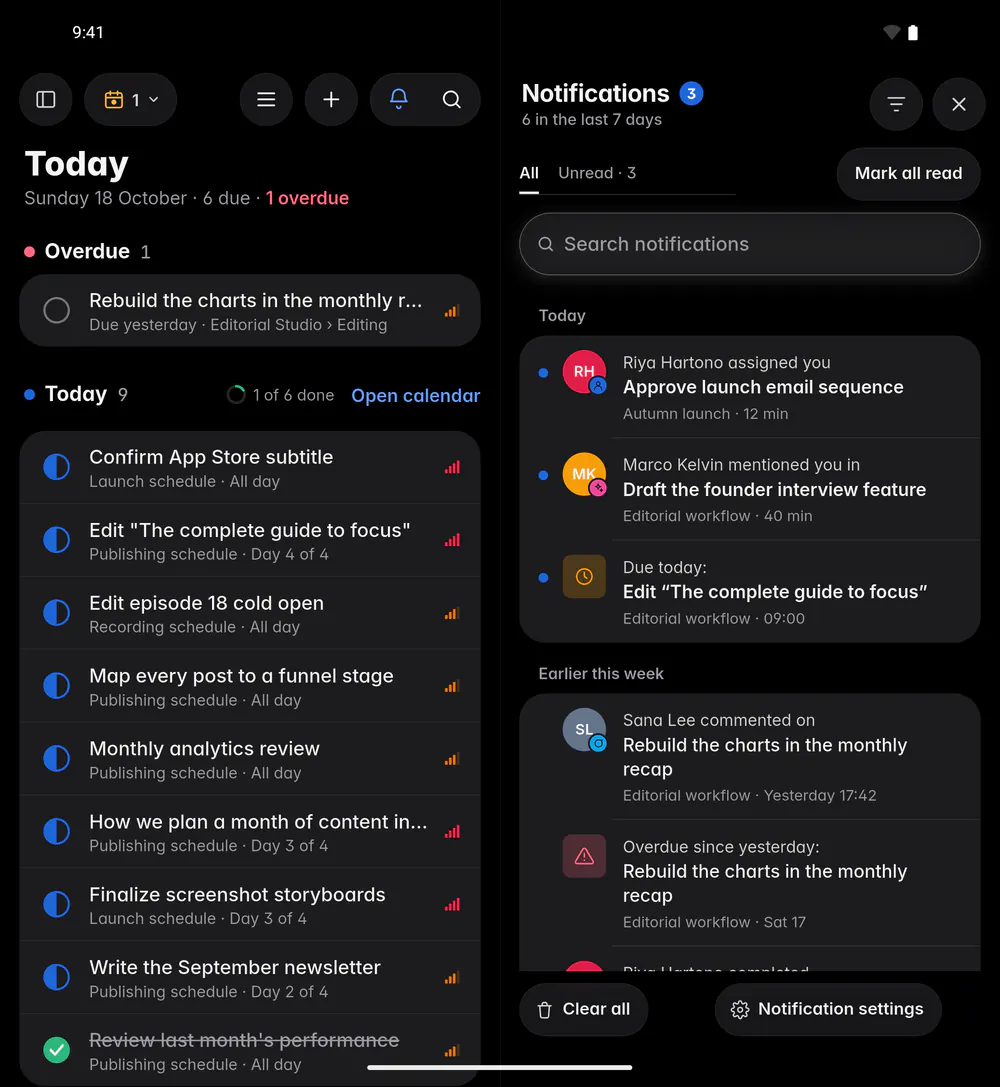 The notification history with assignments, mentions and reminders, grouped by day (an Android foldable)