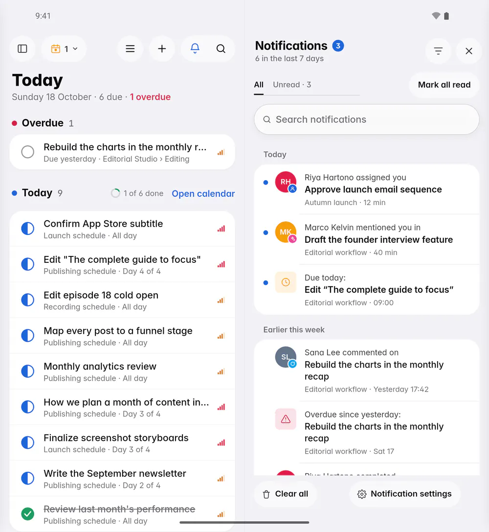 The notification history with assignments, mentions and reminders, grouped by day (an Android foldable)