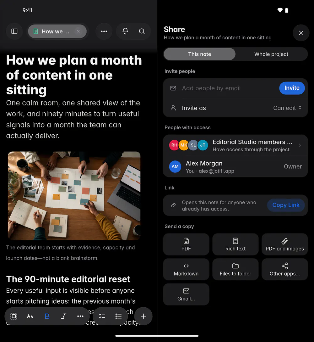 The Share pane with Invite people, the Invite as role, the people with access and pending invitations (an Android foldable)